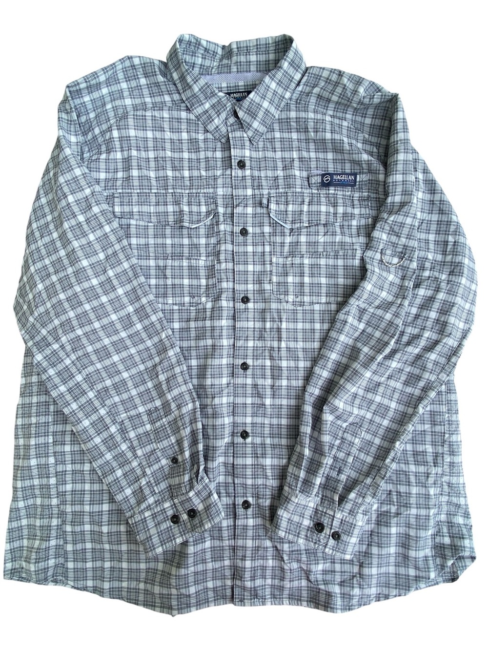 Magellan Outdoors Light Grey and White Plaid Button-Down Shirt